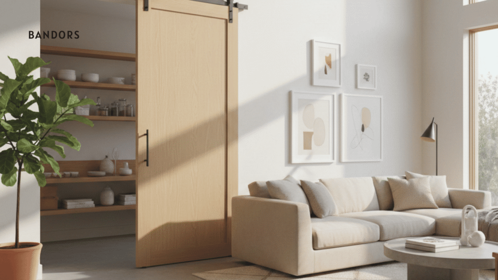 Modern home interior featuring a barn door used as a functional and architectural element