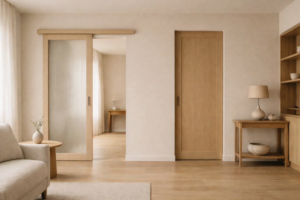 Modern living space featuring a barn door and pocket door used in contemporary interior design
