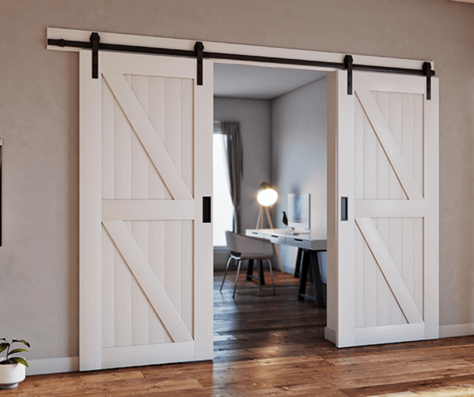Refined modern interior featuring a minimalist barn door integrated into a contemporary living space