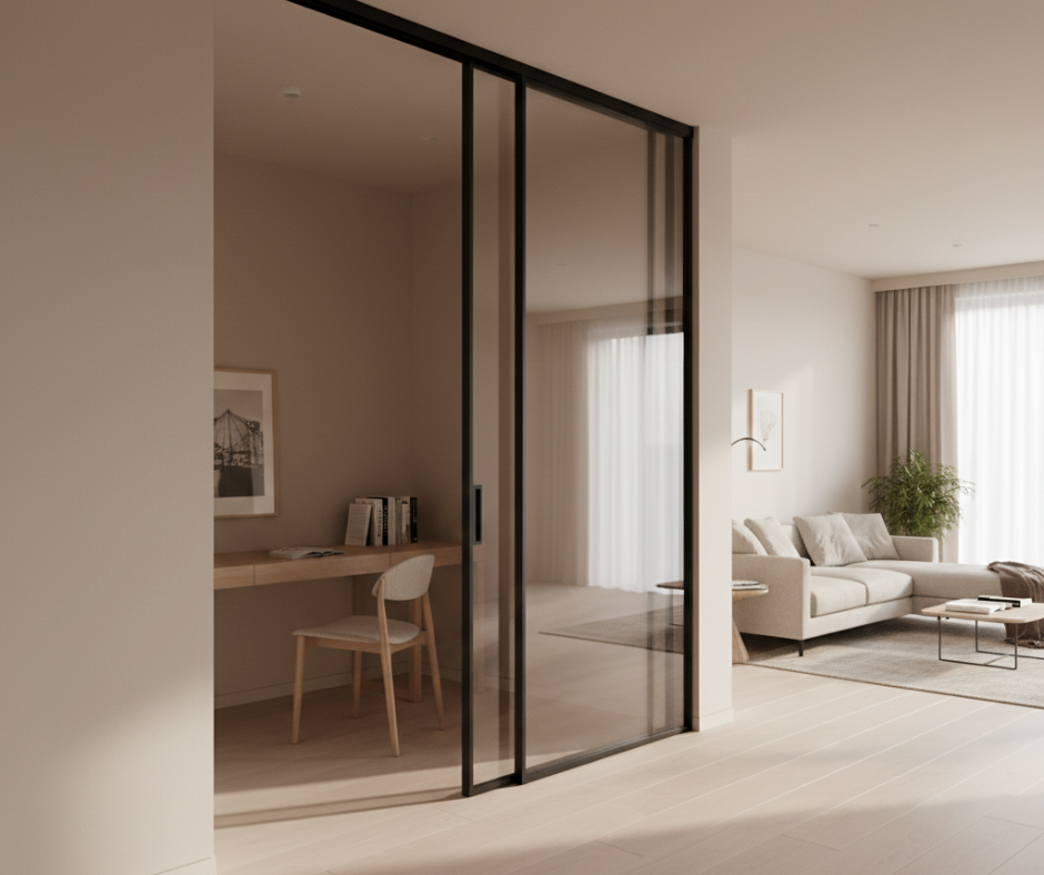 Modern interior featuring glass sliding doors allowing light to flow between living spaces