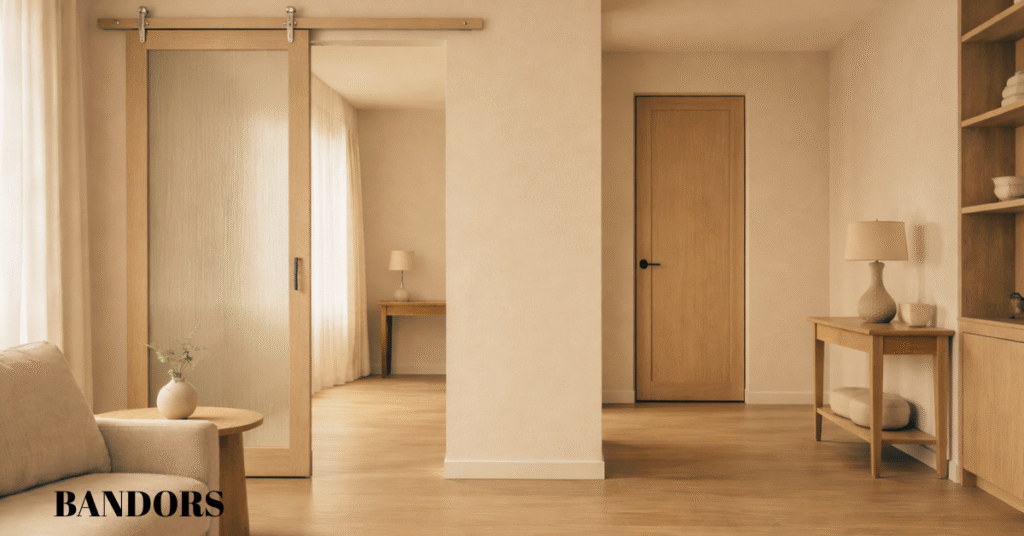 Modern interior showing sliding doors and hinged doors used thoughtfully within contemporary living spaces