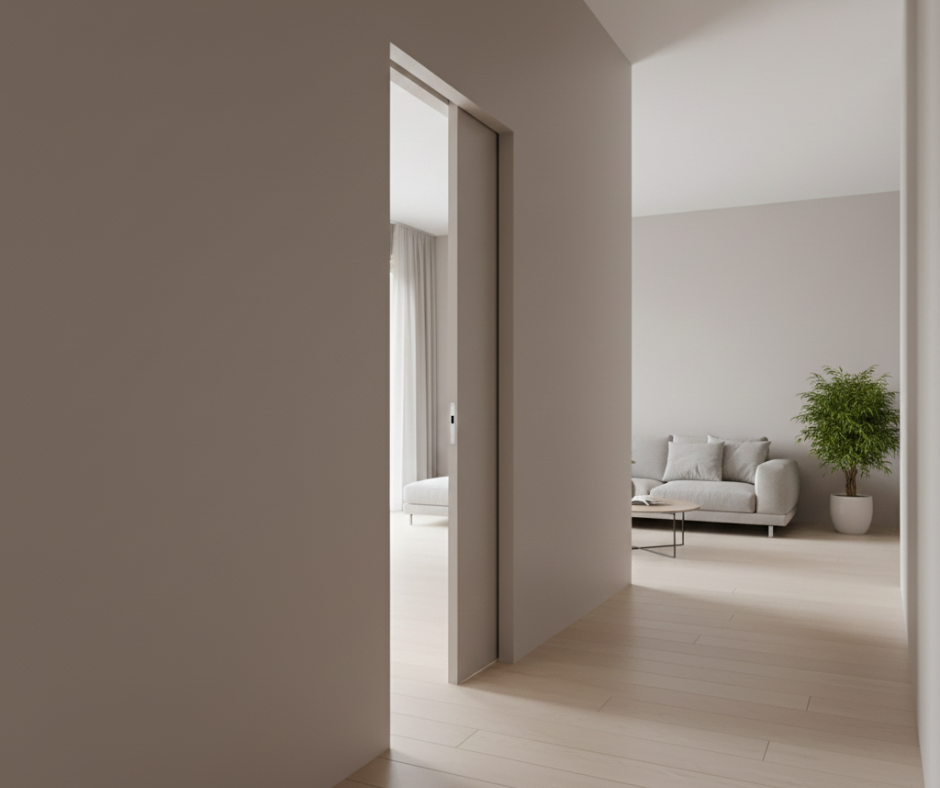 Modern interior featuring a pocket door that disappears seamlessly into the wall