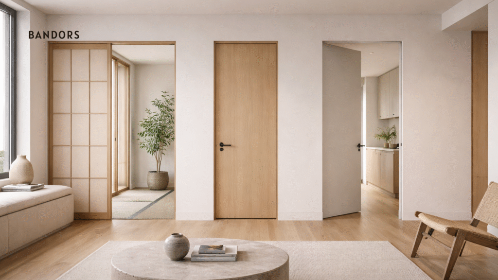 Modern interiors from different cultures showing varied interior door styles and layouts