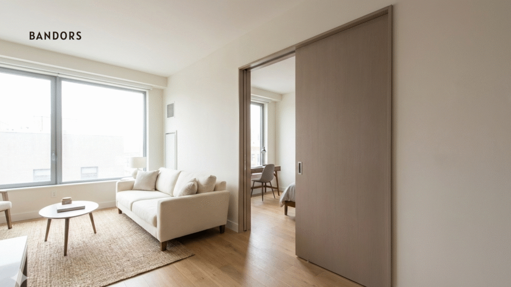Small apartment interior using sliding doors to maximise space and improve layout flow