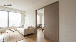 Small apartment interior using sliding doors to maximise space and improve layout flow