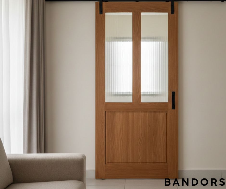 reeded glass barn door sebagai pemisah dapur basah dan dapur kering di rumah malaysia
