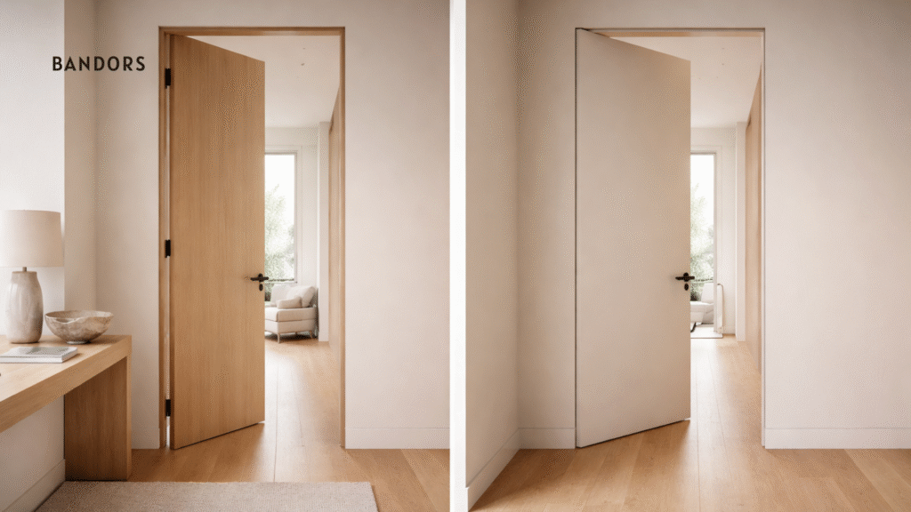 Modern interior showing a visible door system and an invisible door system used in different spaces